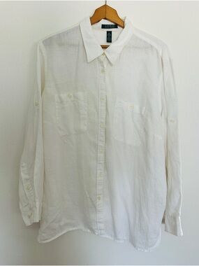Lauren Ralph Lauren White 100% Linen Button Down Shirt Plus Size 3X LRL Sleeve